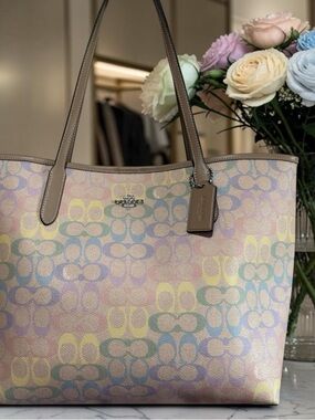 New Coach Pastel Rainbow Signature Canvas Tote with Taupe Leather Trim